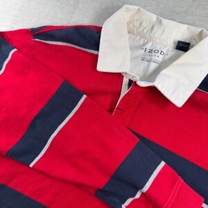 IZOD Rugby Shirt Mens XL Red Navy Blue Striped Retro Varsity Long Sleeve Cotton